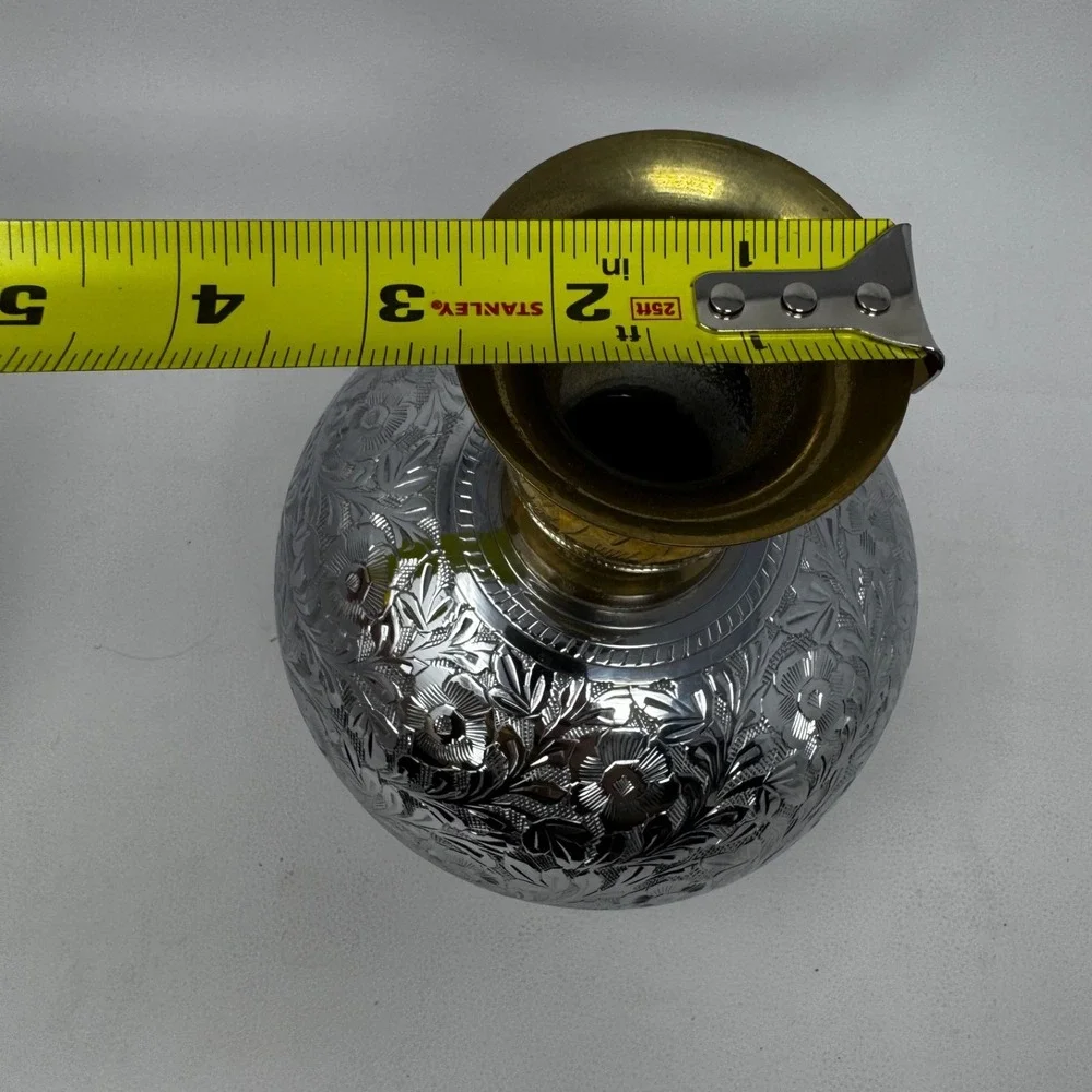 Vintage Indian Brass Silver-Tone Engraved Vase 2-Piece Floral Globe 8.5in Decor